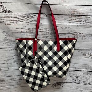 EUC Stylish Black and White Checkered Tote Bag with Red Accents